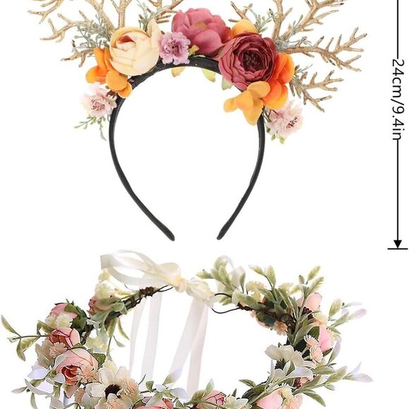 Women Costume Floral Deer Antlers Crown Headband Reindeer Hair Accessory